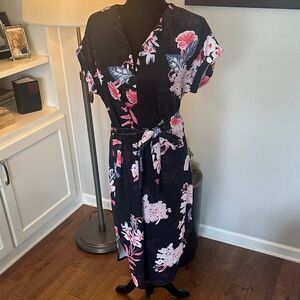 Floral‎ women’s Black midi Dress Hawaii cherry blossom XL NWT